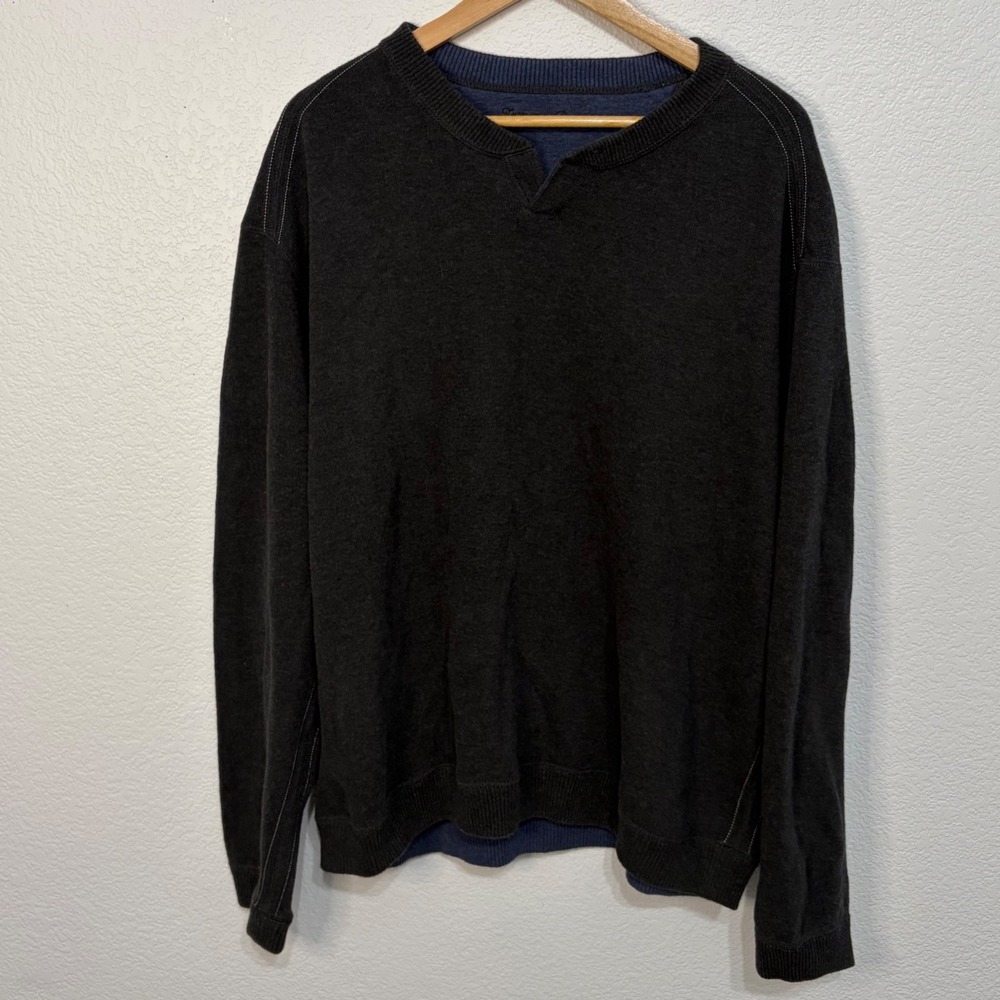 Tommy Bahama Mens Notched Neck Pullover Sweater Charcoal Gray Marl Knit L
